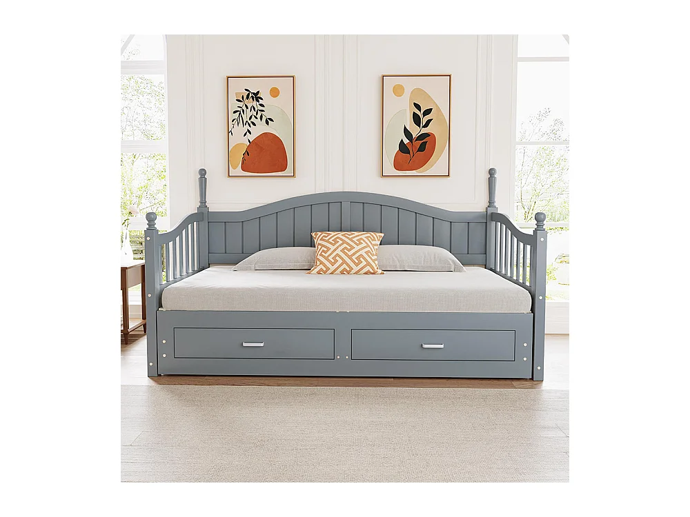 Lit combine extensible En bois massif 90/180×190 avec colonnes romaines dossier incurvé et accoudoirs avec tiroirs et sommier à lattes lit en pin gris