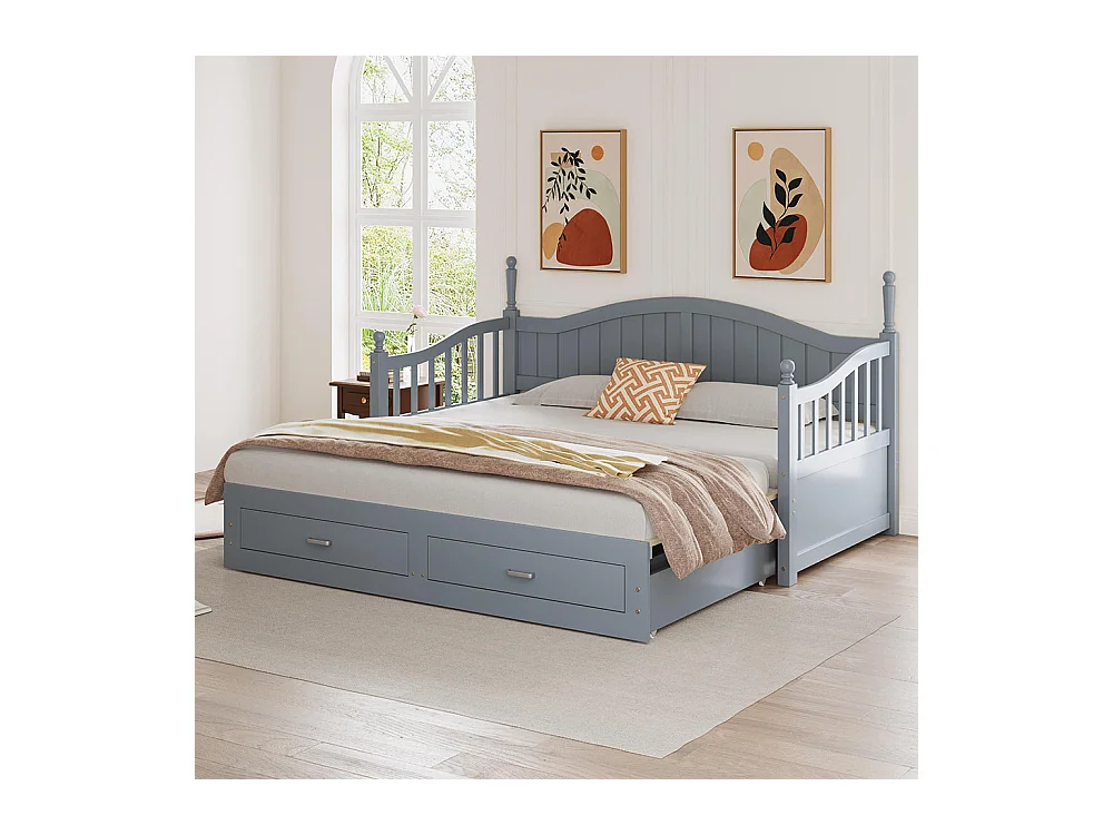 Lit combine extensible En bois massif 90/180×190 avec colonnes romaines dossier incurvé et accoudoirs avec tiroirs et sommier à lattes lit en pin gris