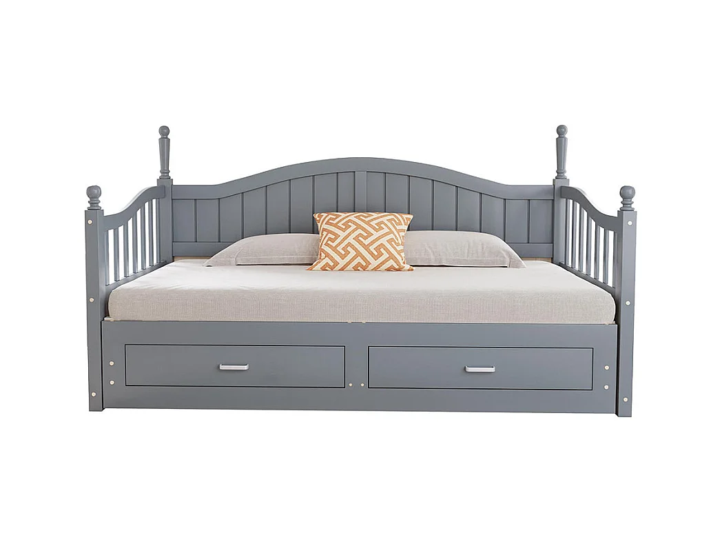 Lit combine extensible En bois massif 90/180×190 avec colonnes romaines dossier incurvé et accoudoirs avec tiroirs et sommier à lattes lit en pin gris