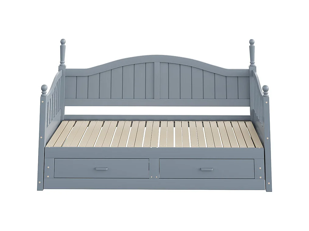 Lit combine extensible En bois massif 90/180×190 avec colonnes romaines dossier incurvé et accoudoirs avec tiroirs et sommier à lattes lit en pin gris