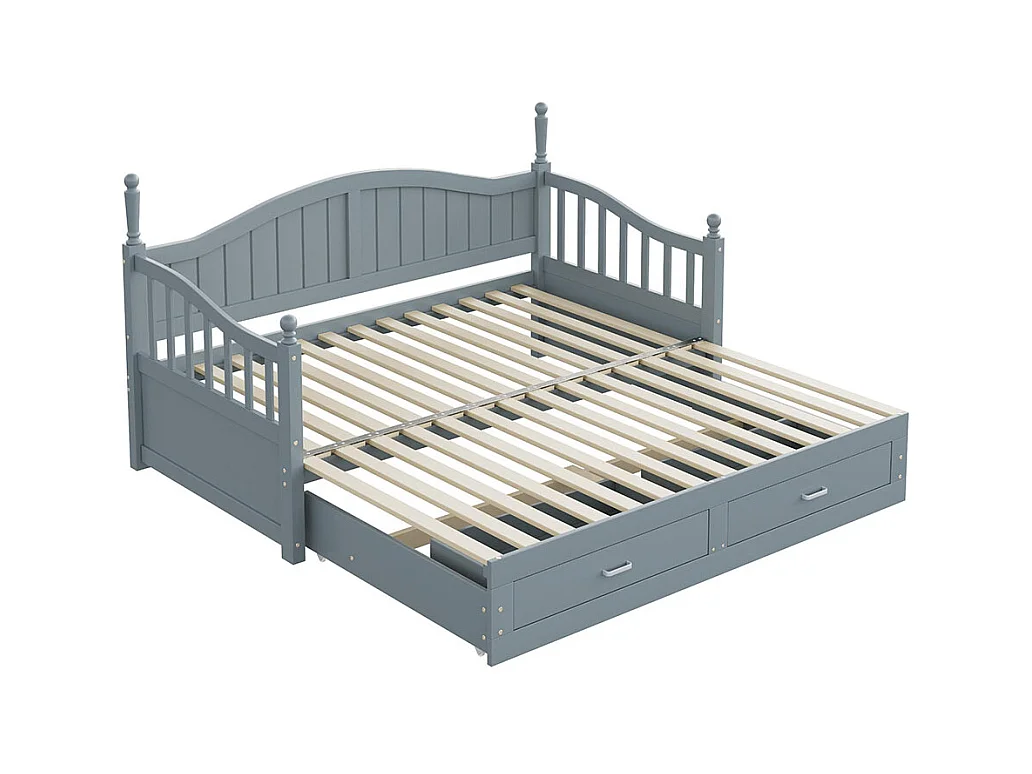 Lit combine extensible En bois massif 90/180×190 avec colonnes romaines dossier incurvé et accoudoirs avec tiroirs et sommier à lattes lit en pin gris