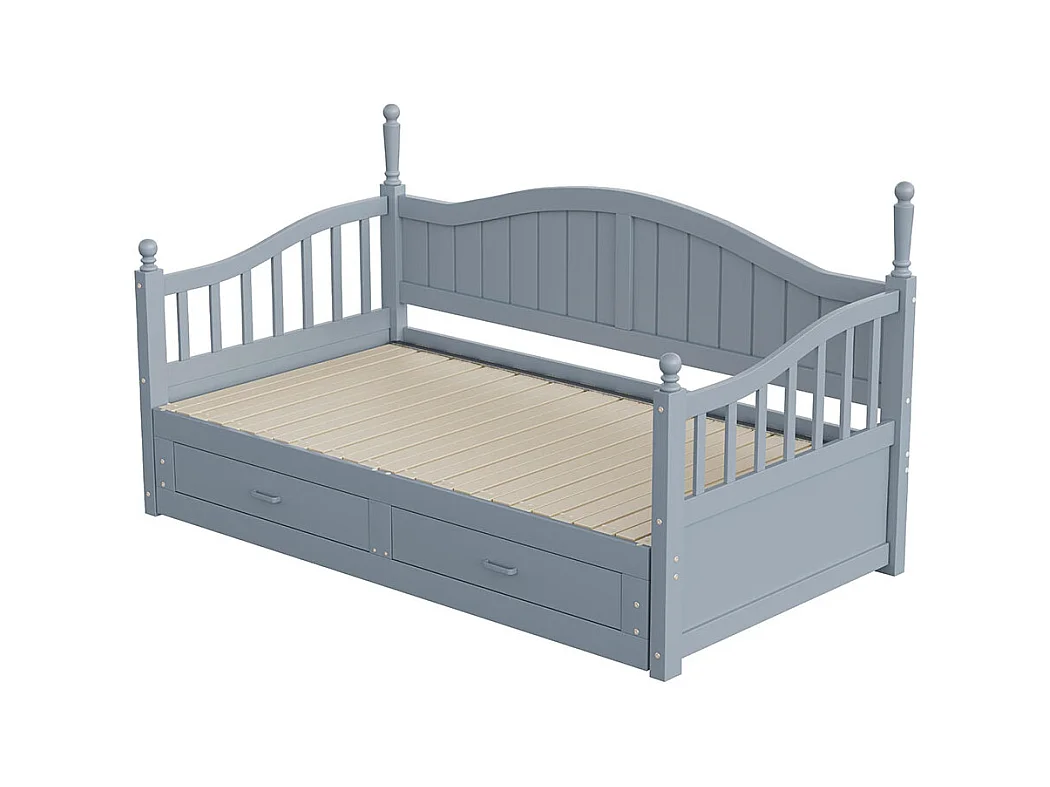 Lit combine extensible En bois massif 90/180×190 avec colonnes romaines dossier incurvé et accoudoirs avec tiroirs et sommier à lattes lit en pin gris