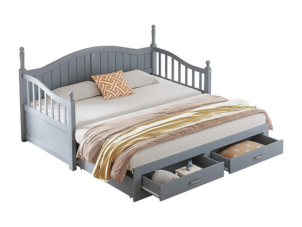 Lit combine extensible En bois massif 90/180×190 avec colonnes romaines dossier incurvé et accoudoirs avec tiroirs et sommier à lattes lit en pin gris