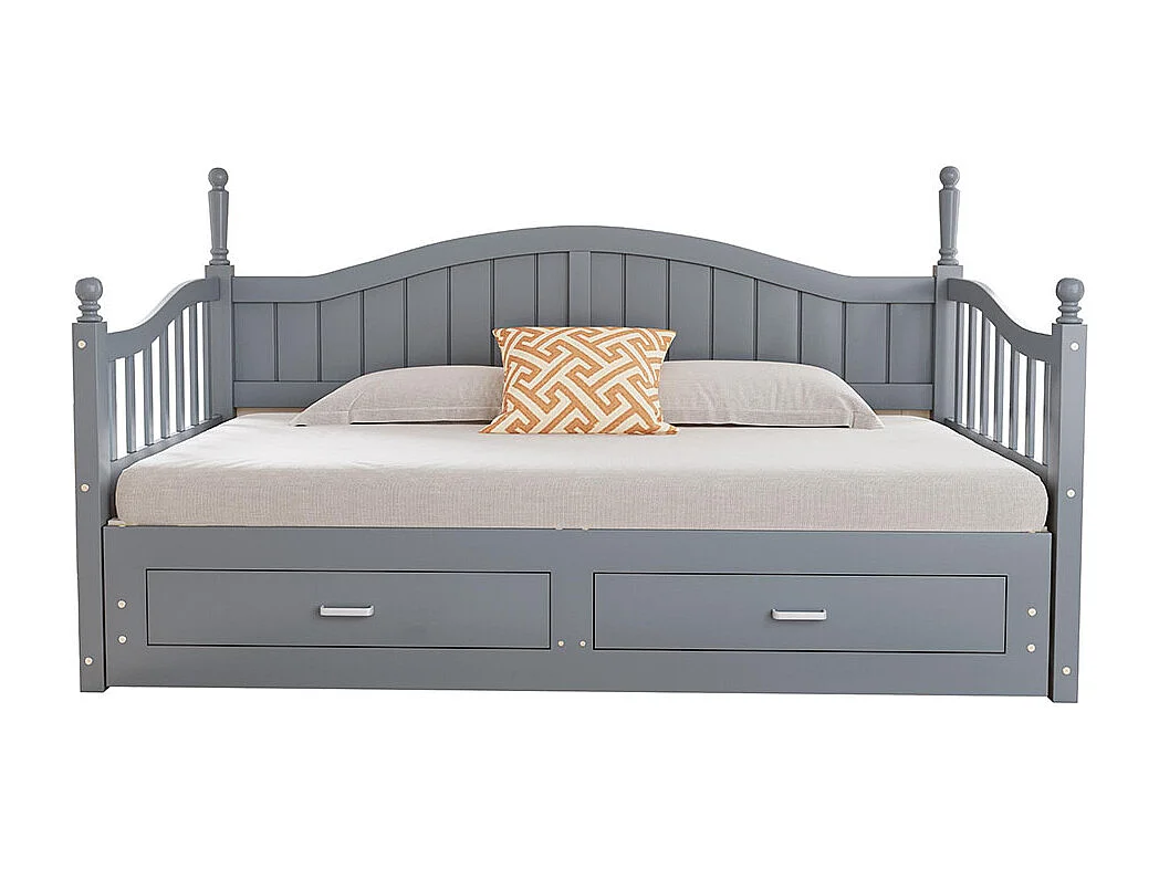 Lit combine extensible En bois massif 90/180×190 avec colonnes romaines dossier incurvé et accoudoirs avec tiroirs et sommier à lattes lit en pin gris