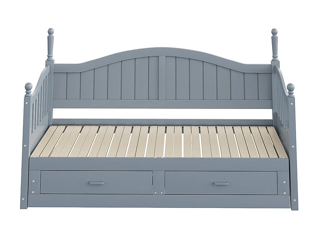 Lit combine extensible En bois massif 90/180×190 avec colonnes romaines dossier incurvé et accoudoirs avec tiroirs et sommier à lattes lit en pin gris