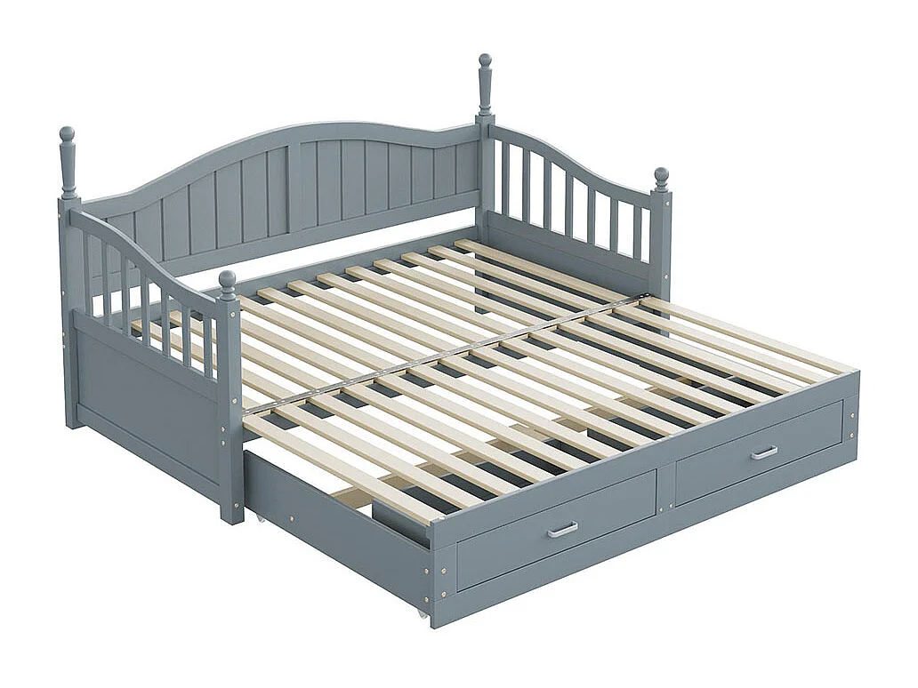 Lit combine extensible En bois massif 90/180×190 avec colonnes romaines dossier incurvé et accoudoirs avec tiroirs et sommier à lattes lit en pin gris