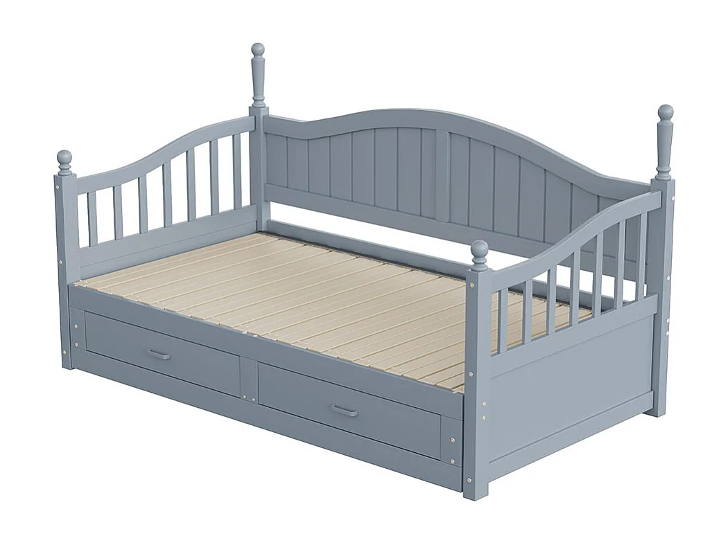 Lit combine extensible En bois massif 90/180×190 avec colonnes romaines dossier incurvé et accoudoirs avec tiroirs et sommier à lattes lit en pin gris