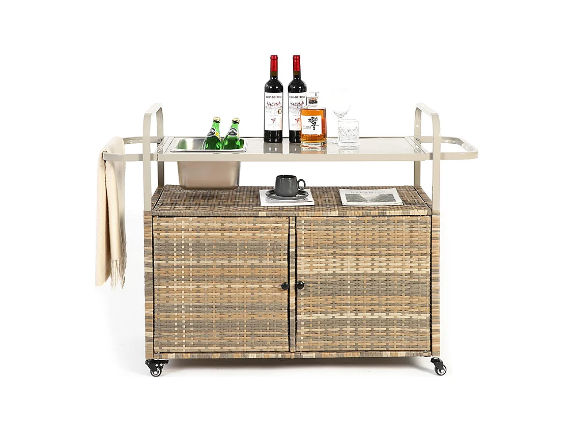 Desserte table de bar d'extérieur chariot de bar en osier avec armoire avec plateau en acier et un seau à glace roues verrouillables beige