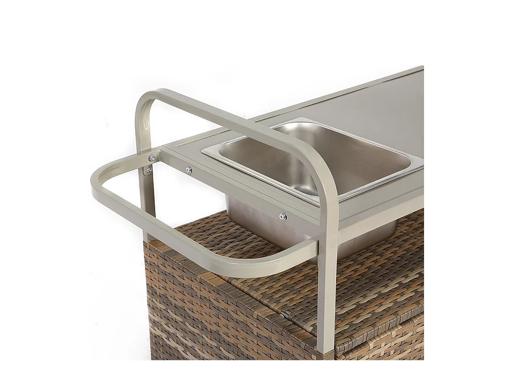 Desserte table de bar d'extérieur chariot de bar en osier avec armoire avec plateau en acier et un seau à glace roues verrouillables beige