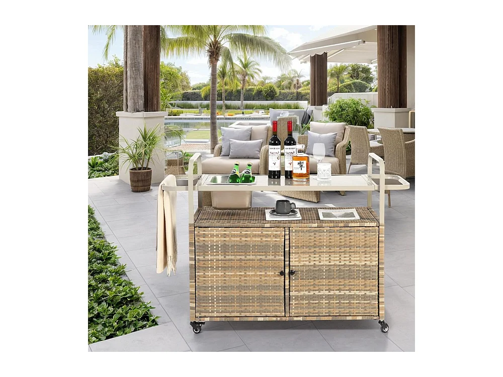 Desserte table de bar d'extérieur chariot de bar en osier avec armoire avec plateau en acier et un seau à glace roues verrouillables beige