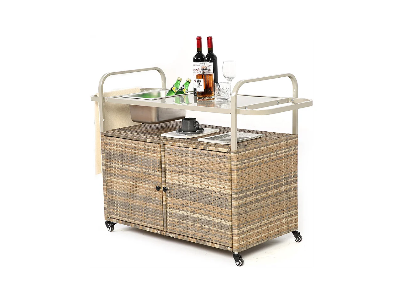 Desserte table de bar d'extérieur chariot de bar en osier avec armoire avec plateau en acier et un seau à glace roues verrouillables beige