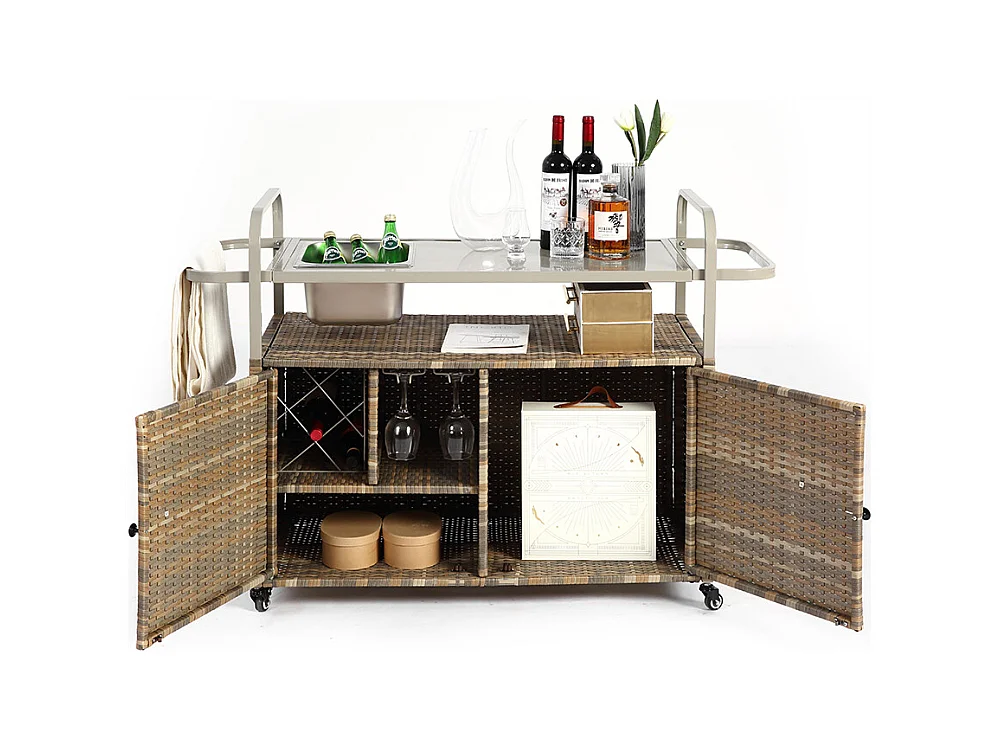 Desserte table de bar d'extérieur chariot de bar en osier avec armoire avec plateau en acier et un seau à glace roues verrouillables beige