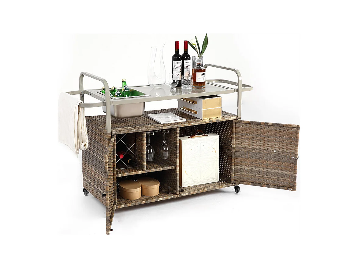 Desserte table de bar d'extérieur chariot de bar en osier avec armoire avec plateau en acier et un seau à glace roues verrouillables beige