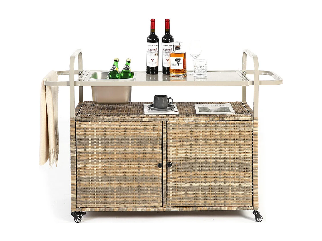 Desserte table de bar d'extérieur chariot de bar en osier avec armoire avec plateau en acier et un seau à glace roues verrouillables beige
