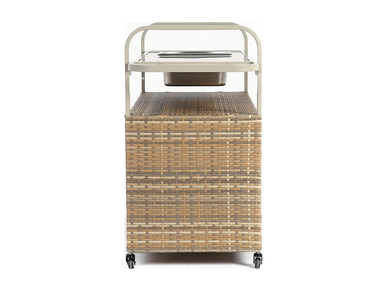 Desserte table de bar d'extérieur chariot de bar en osier avec armoire avec plateau en acier et un seau à glace roues verrouillables beige