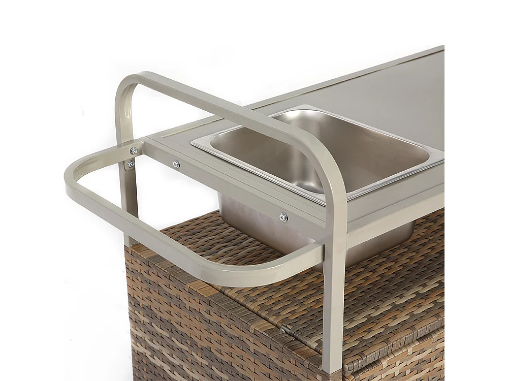 Desserte table de bar d'extérieur chariot de bar en osier avec armoire avec plateau en acier et un seau à glace roues verrouillables beige