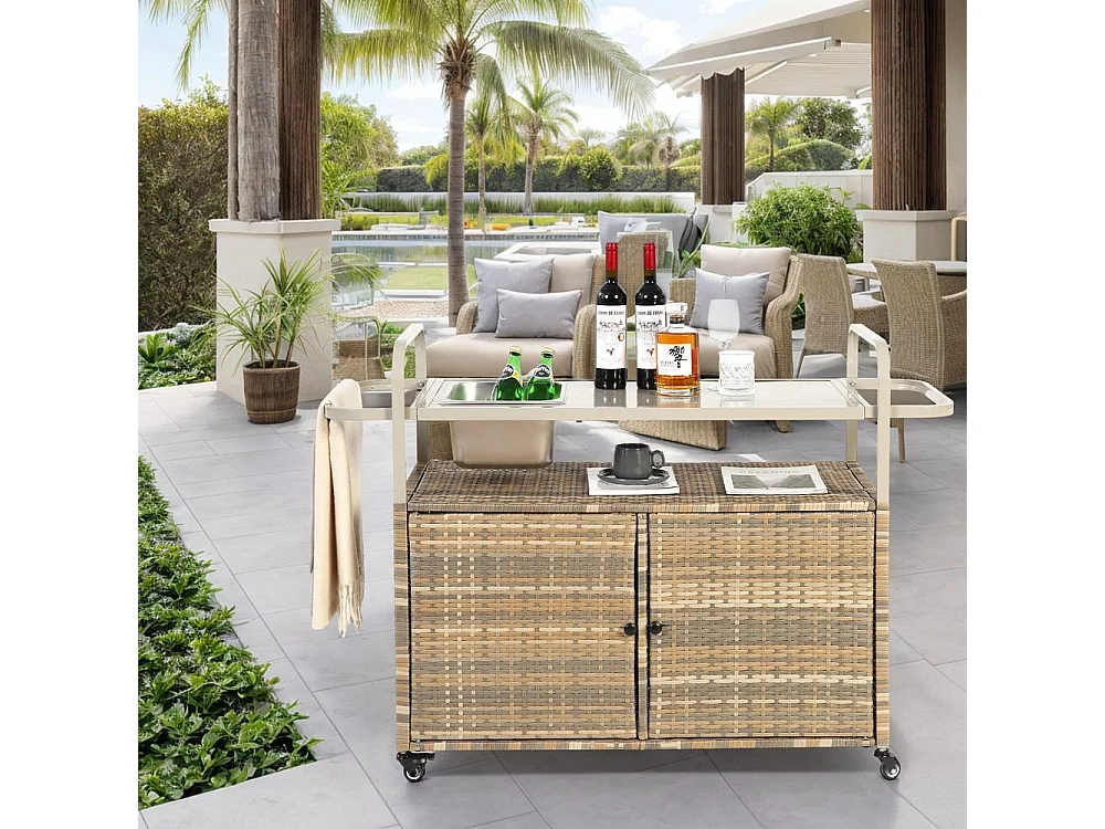 Desserte table de bar d'extérieur chariot de bar en osier avec armoire avec plateau en acier et un seau à glace roues verrouillables beige