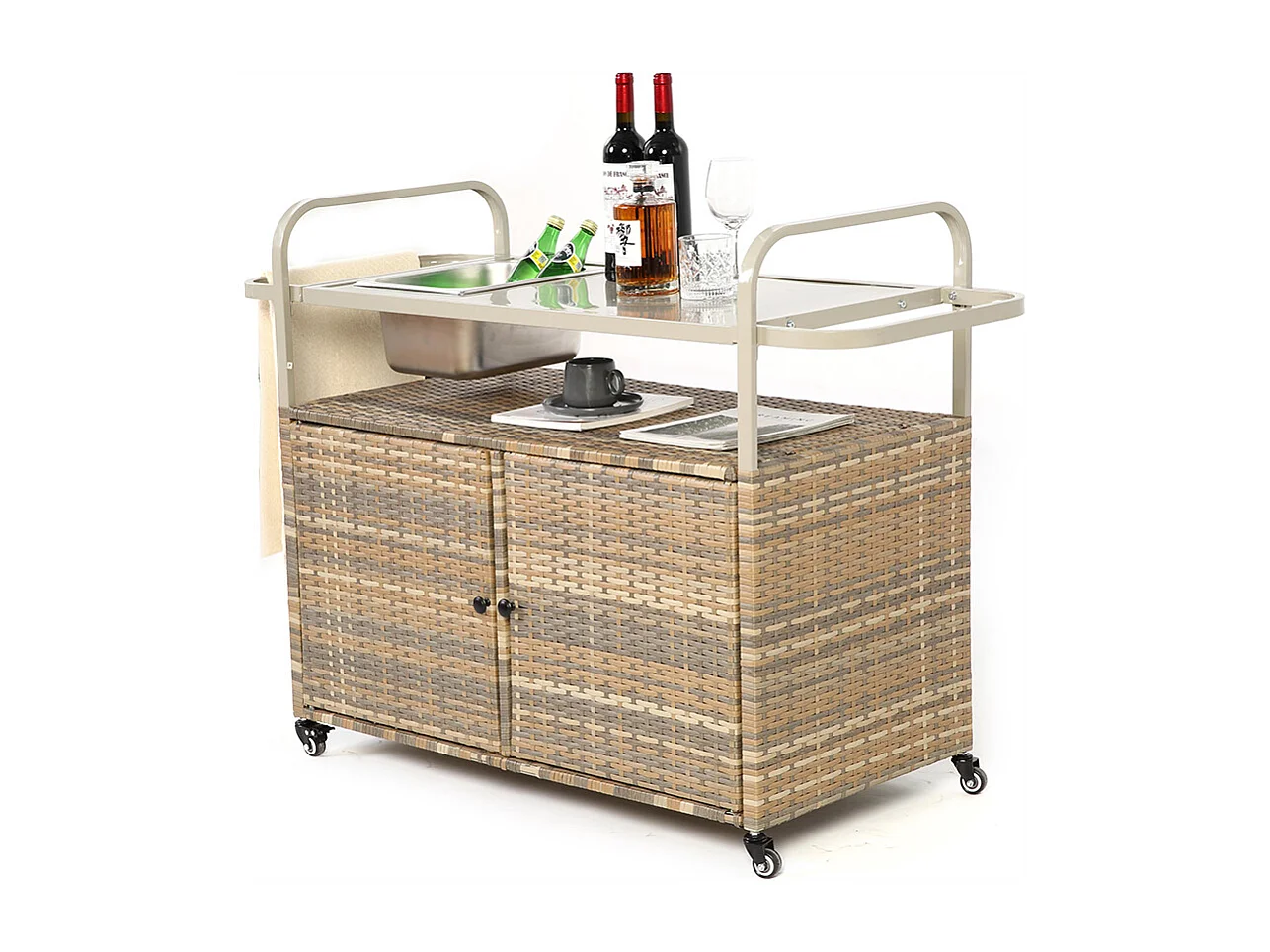 Desserte table de bar d'extérieur chariot de bar en osier avec armoire avec plateau en acier et un seau à glace roues verrouillables beige