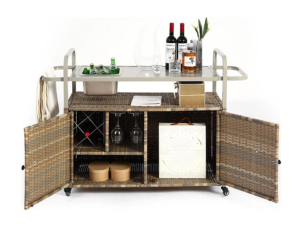 Desserte table de bar d'extérieur chariot de bar en osier avec armoire avec plateau en acier et un seau à glace roues verrouillables beige