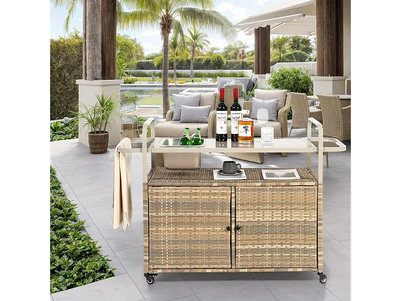 Desserte table de bar d'extérieur chariot de bar en osier avec armoire avec plateau en acier et un seau à glace roues verrouillables beige