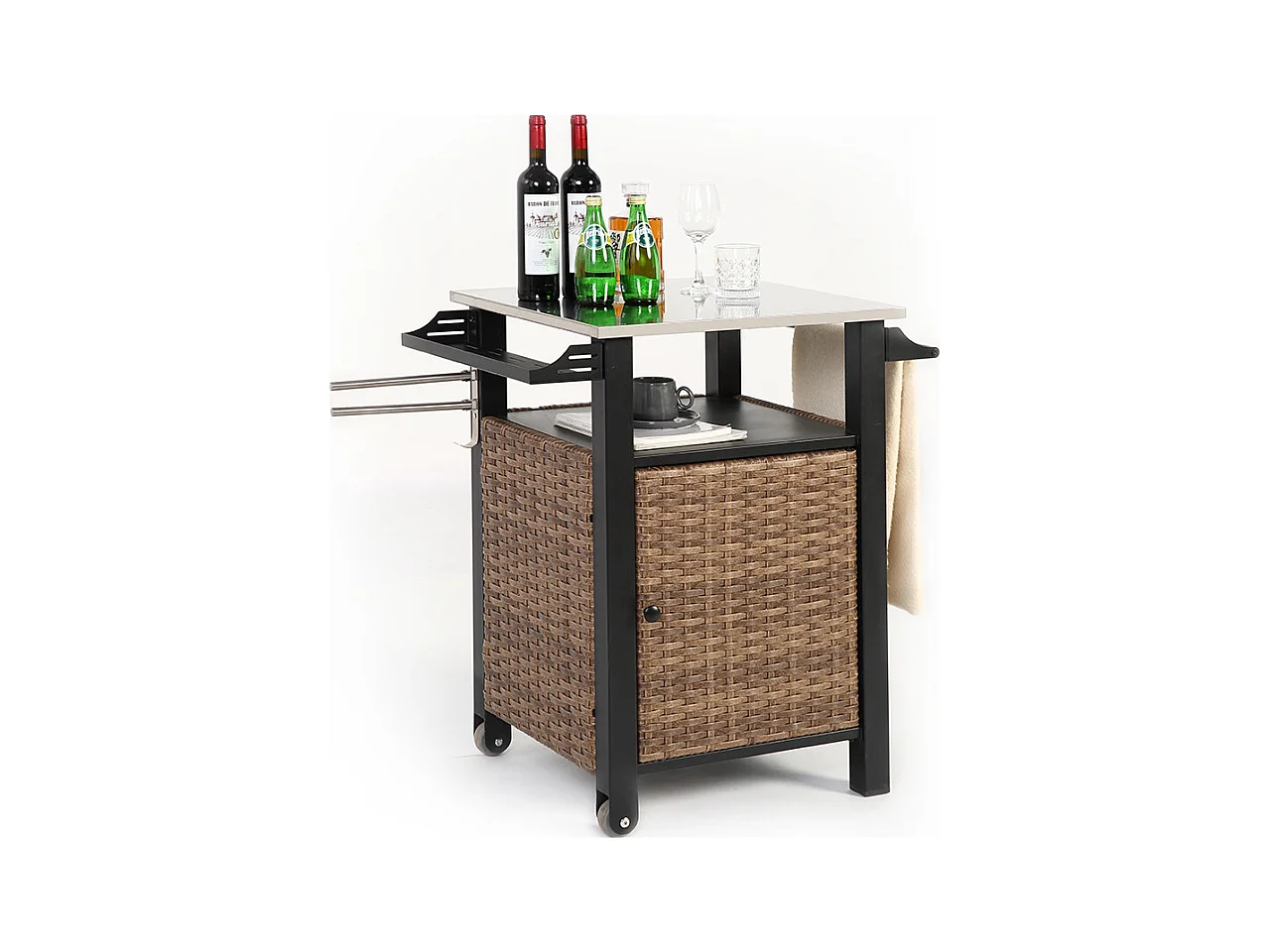 Desserte de jardin chariot roulant à une porte avec armoire de rangement en osier plateau en acier inoxydable roues et poignée latérale couleur marron