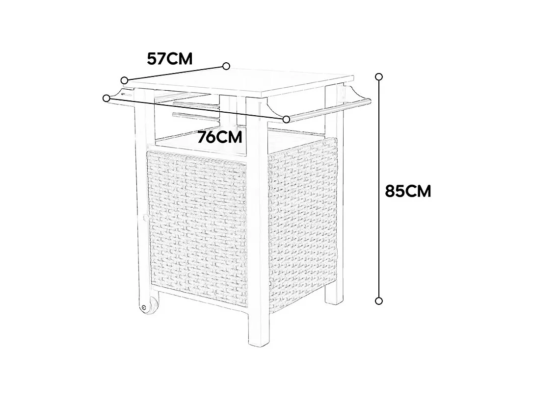 Desserte de jardin chariot roulant à une porte avec armoire de rangement en osier plateau en acier inoxydable roues et poignée latérale couleur marron