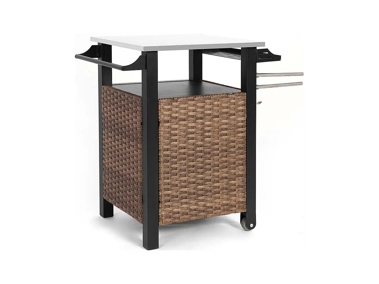 Desserte de jardin chariot roulant à une porte avec armoire de rangement en osier plateau en acier inoxydable roues et poignée latérale couleur marron