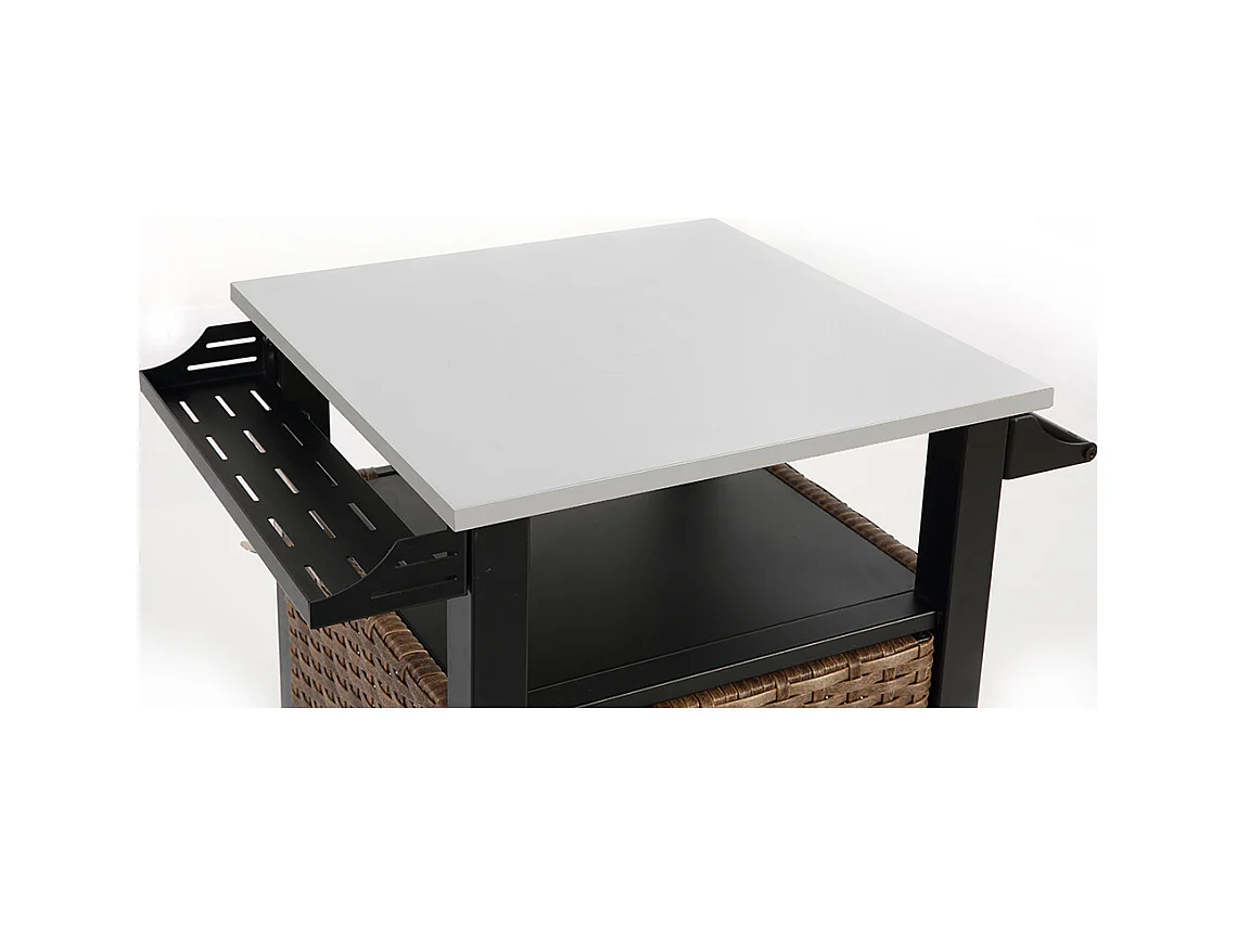 Desserte de jardin chariot roulant à une porte avec armoire de rangement en osier plateau en acier inoxydable roues et poignée latérale couleur marron