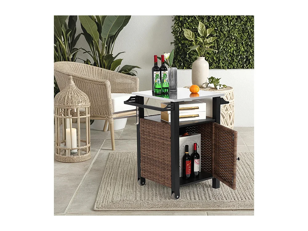 Desserte de jardin chariot roulant à une porte avec armoire de rangement en osier plateau en acier inoxydable roues et poignée latérale couleur marron