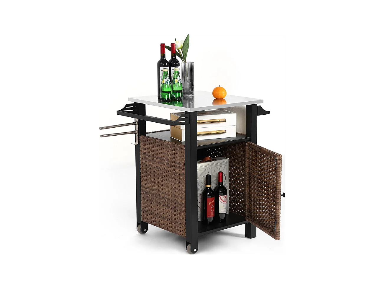 Desserte de jardin chariot roulant à une porte avec armoire de rangement en osier plateau en acier inoxydable roues et poignée latérale couleur marron