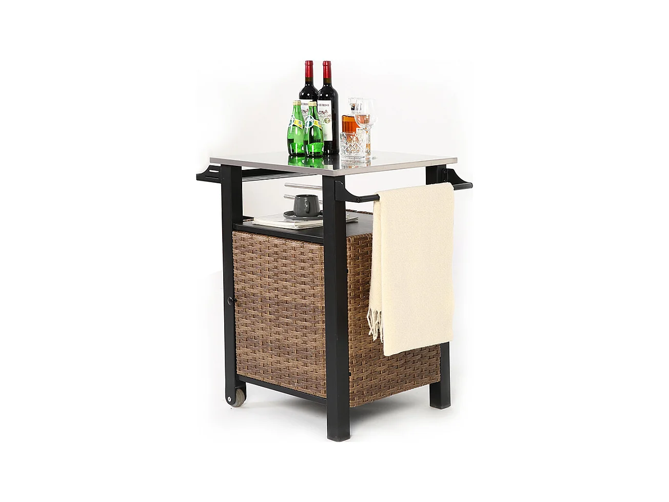 Desserte de jardin chariot roulant à une porte avec armoire de rangement en osier plateau en acier inoxydable roues et poignée latérale couleur marron