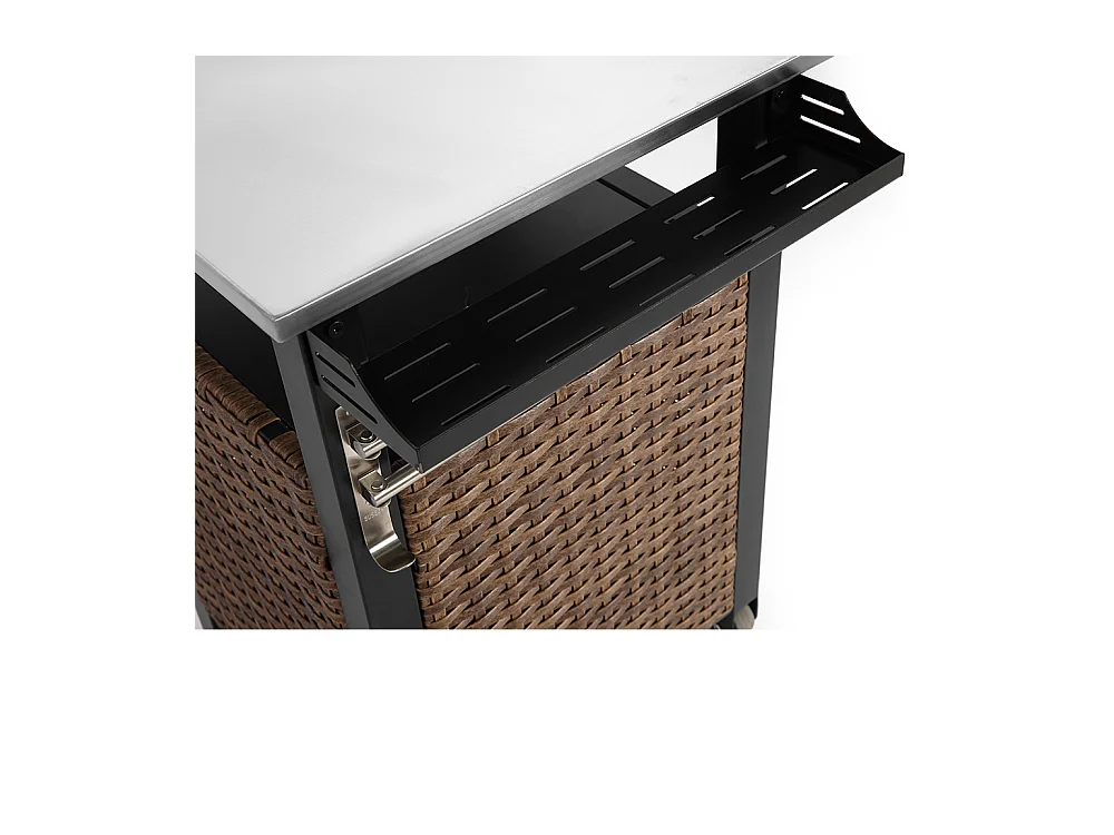 Desserte de jardin chariot roulant à une porte avec armoire de rangement en osier plateau en acier inoxydable roues et poignée latérale couleur marron