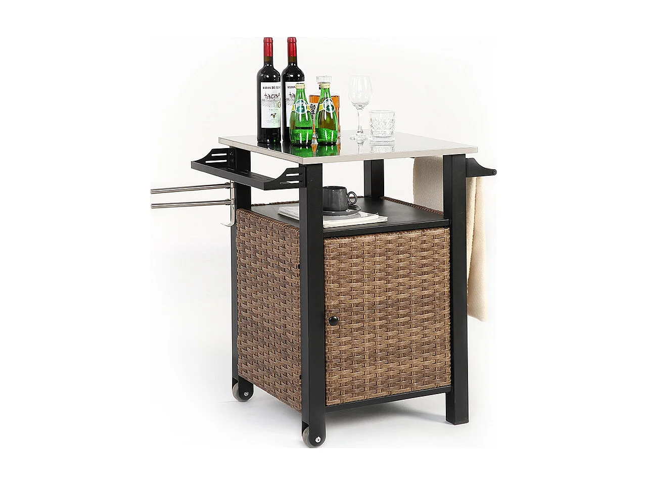 Desserte de jardin chariot roulant à une porte avec armoire de rangement en osier plateau en acier inoxydable roues et poignée latérale couleur marron