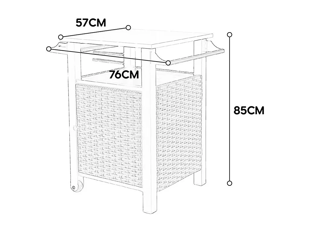 Desserte de jardin chariot roulant à une porte avec armoire de rangement en osier plateau en acier inoxydable roues et poignée latérale couleur marron