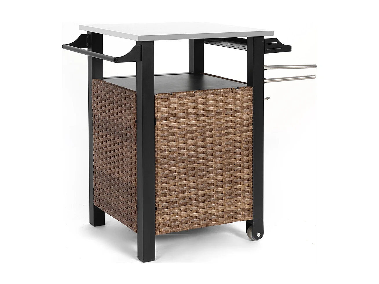 Desserte de jardin chariot roulant à une porte avec armoire de rangement en osier plateau en acier inoxydable roues et poignée latérale couleur marron