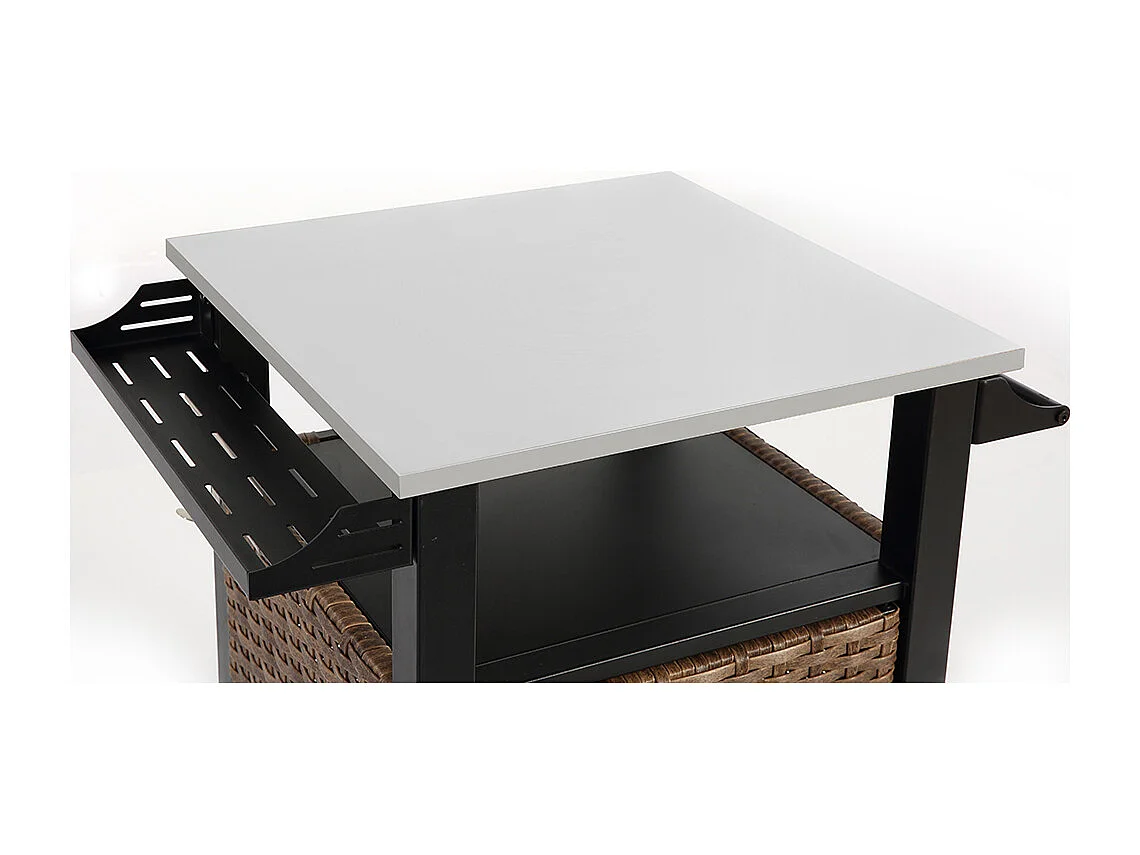 Desserte de jardin chariot roulant à une porte avec armoire de rangement en osier plateau en acier inoxydable roues et poignée latérale couleur marron