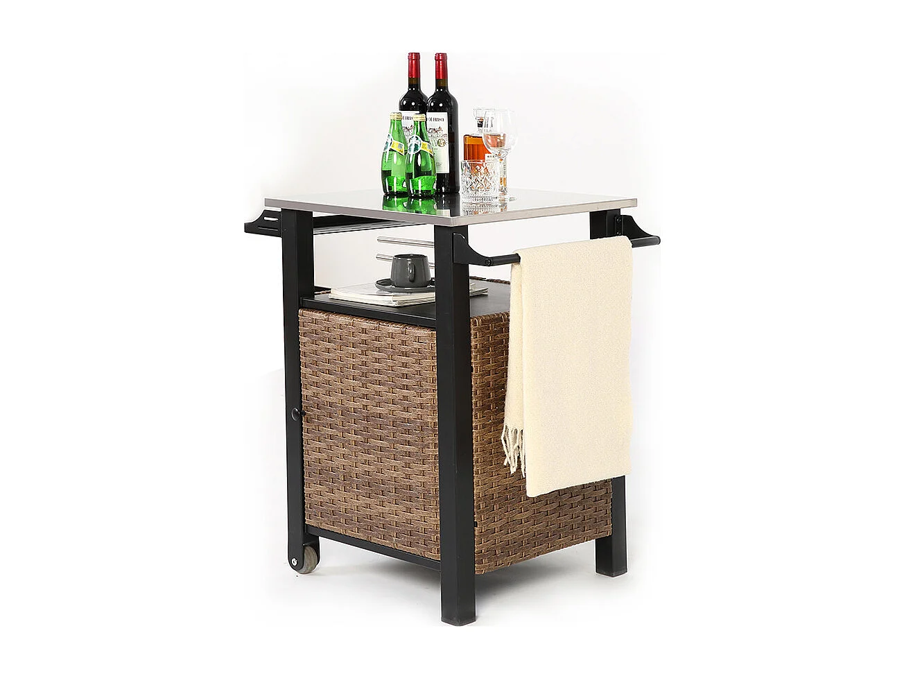 Desserte de jardin chariot roulant à une porte avec armoire de rangement en osier plateau en acier inoxydable roues et poignée latérale couleur marron