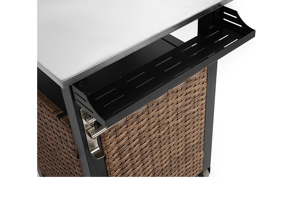 Desserte de jardin chariot roulant à une porte avec armoire de rangement en osier plateau en acier inoxydable roues et poignée latérale couleur marron