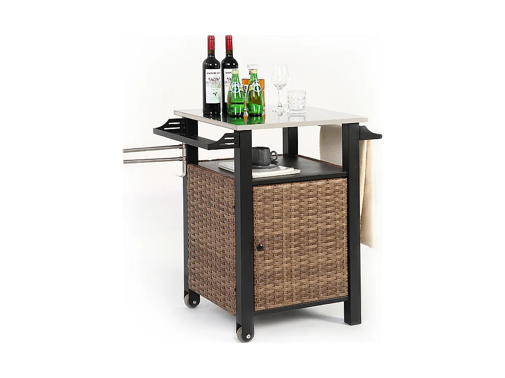Desserte de jardin chariot roulant à une porte avec armoire de rangement en osier plateau en acier inoxydable roues et poignée latérale couleur marron
