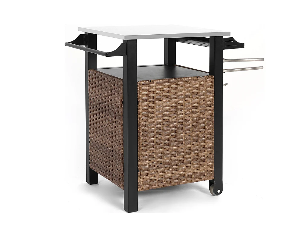 Desserte de jardin chariot roulant à une porte avec armoire de rangement en osier plateau en acier inoxydable roues et poignée latérale couleur marron