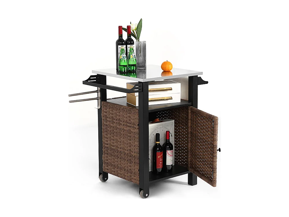 Desserte de jardin chariot roulant à une porte avec armoire de rangement en osier plateau en acier inoxydable roues et poignée latérale couleur marron