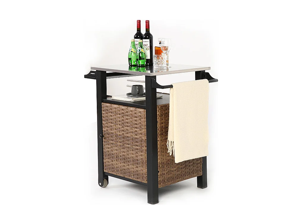 Desserte de jardin chariot roulant à une porte avec armoire de rangement en osier plateau en acier inoxydable roues et poignée latérale couleur marron