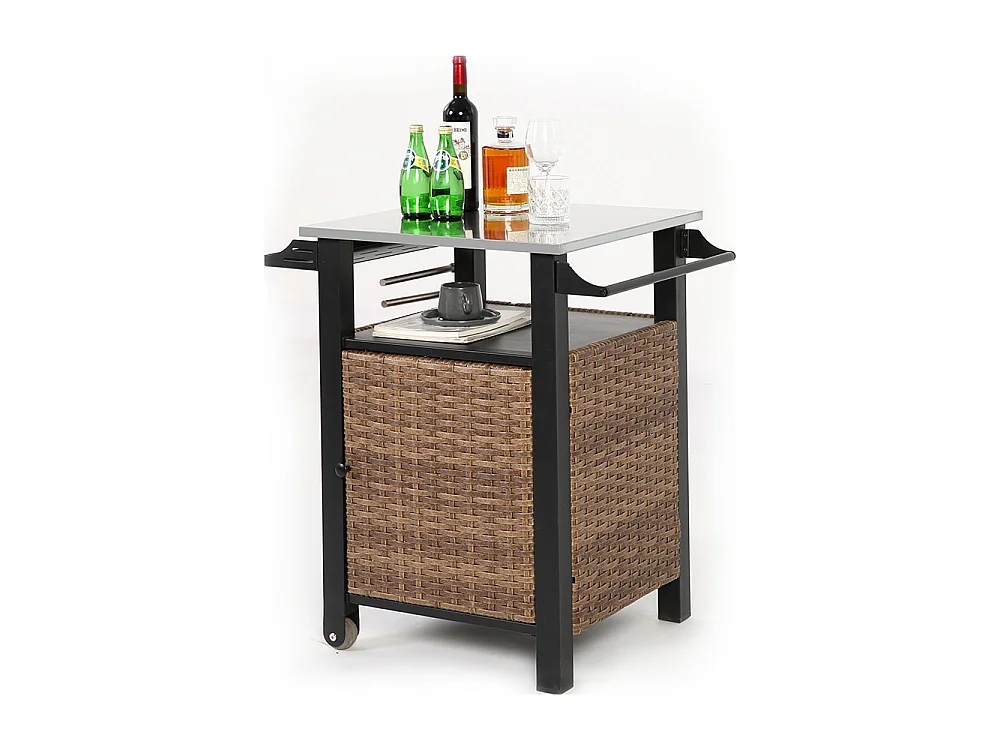 Desserte de jardin chariot roulant à une porte avec armoire de rangement en osier plateau en acier inoxydable roues et poignée latérale couleur marron