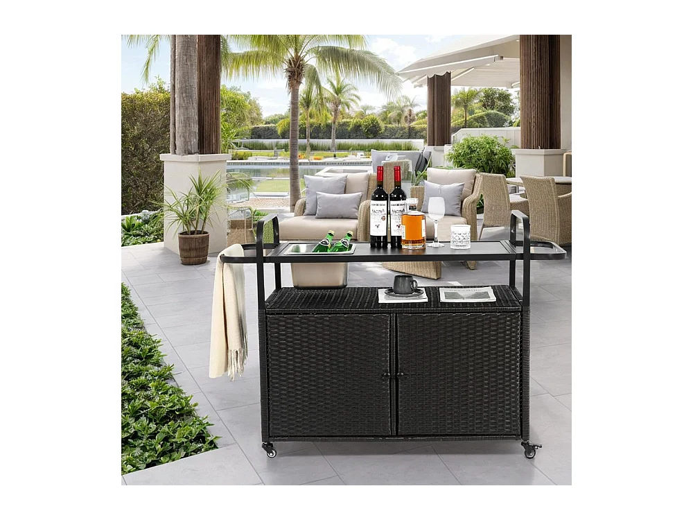 Desserte table de bar d'extérieur chariot de bar en osier avec armoire avec plateau en acier et un seau à glace roues verrouillables noir