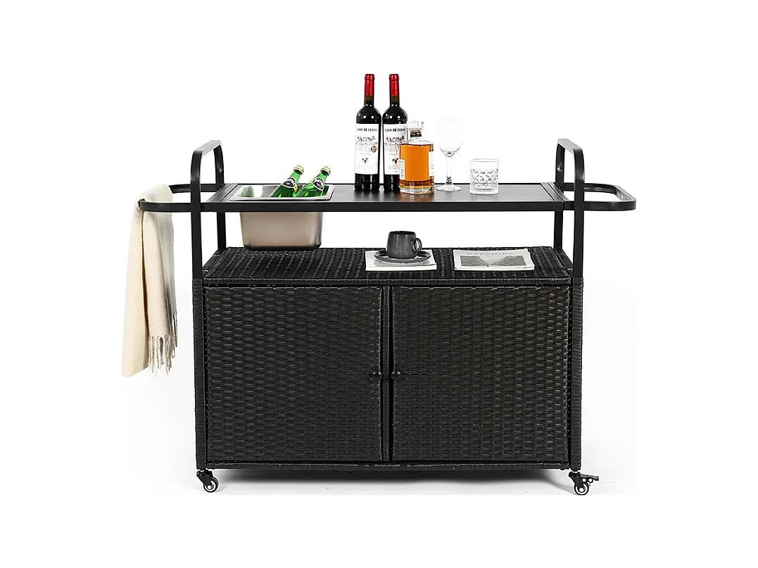 Desserte table de bar d'extérieur chariot de bar en osier avec armoire avec plateau en acier et un seau à glace roues verrouillables noir