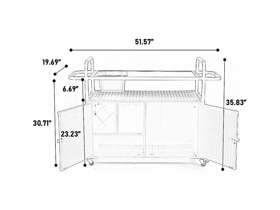 Desserte table de bar d'extérieur chariot de bar en osier avec armoire avec plateau en acier et un seau à glace roues verrouillables noir