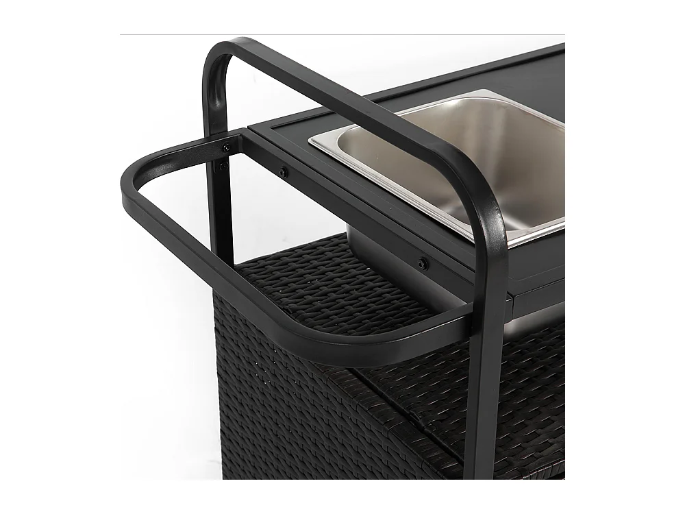 Desserte table de bar d'extérieur chariot de bar en osier avec armoire avec plateau en acier et un seau à glace roues verrouillables noir