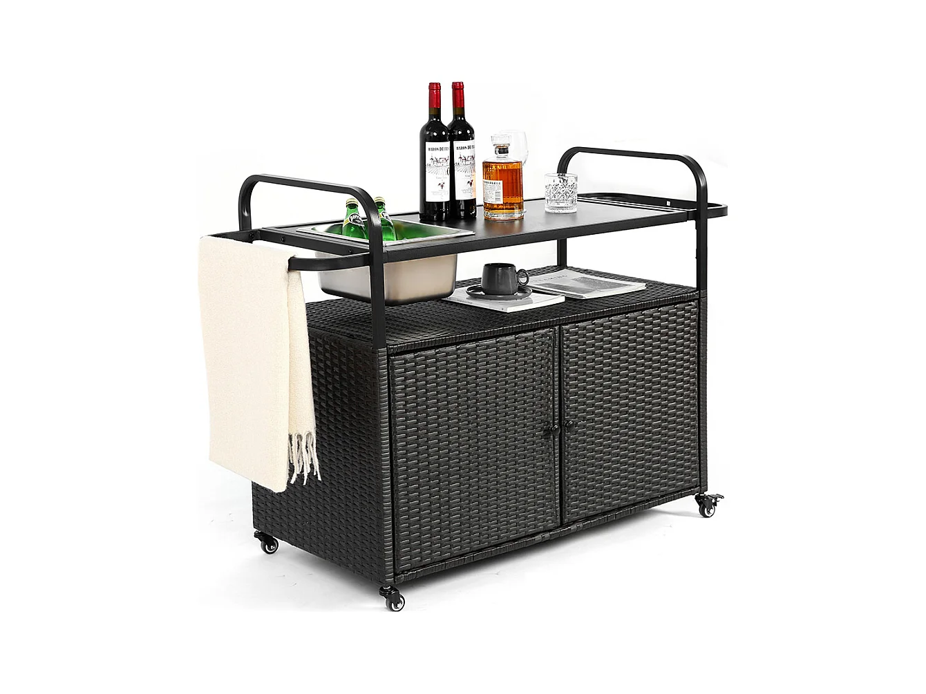 Desserte table de bar d'extérieur chariot de bar en osier avec armoire avec plateau en acier et un seau à glace roues verrouillables noir