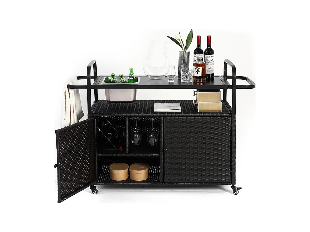 Desserte table de bar d'extérieur chariot de bar en osier avec armoire avec plateau en acier et un seau à glace roues verrouillables noir