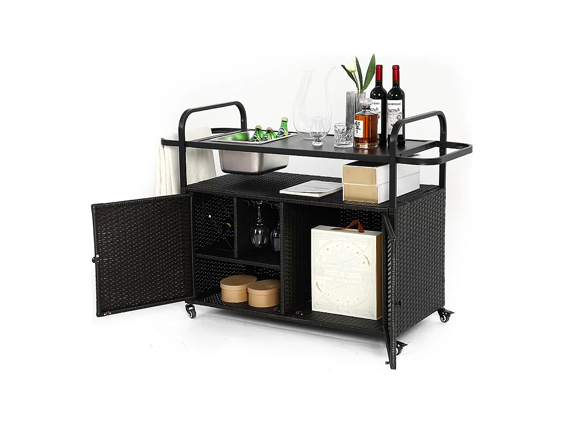 Desserte table de bar d'extérieur chariot de bar en osier avec armoire avec plateau en acier et un seau à glace roues verrouillables noir